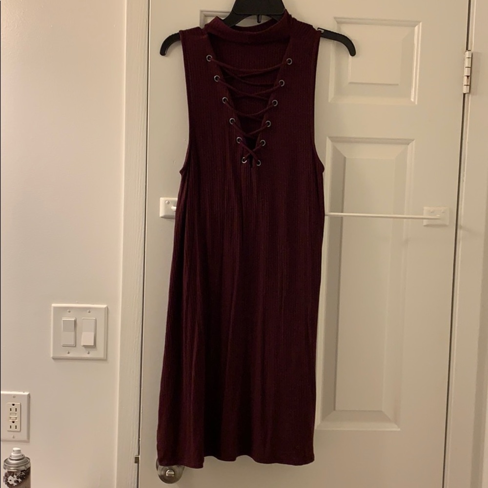 Maroon high neck dress with lace up detail